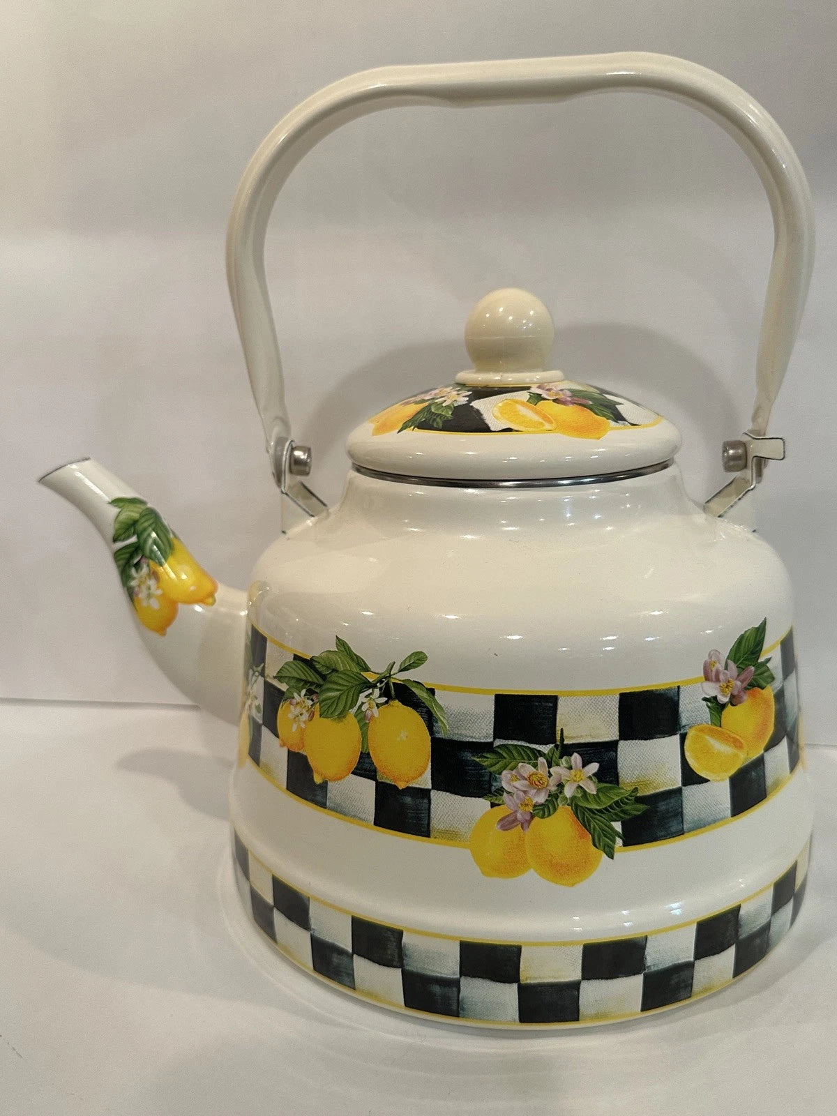 Lemon Checkered Enamel Tea Kettle with Handle and Spout