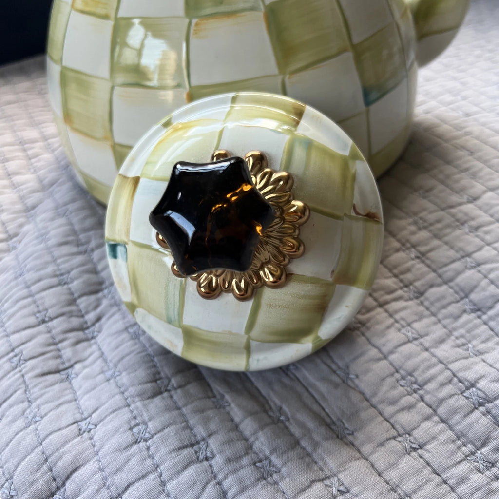 MACKENZIE CHILD PARCHMENT TEAPOT KETTLE ENAMEL AMBER FINIA -