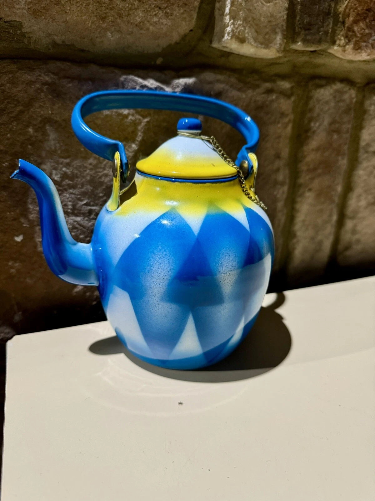 Vintage Antique Enamelware Enamel Yugoslavian Blue Yellow Geometric Teapot