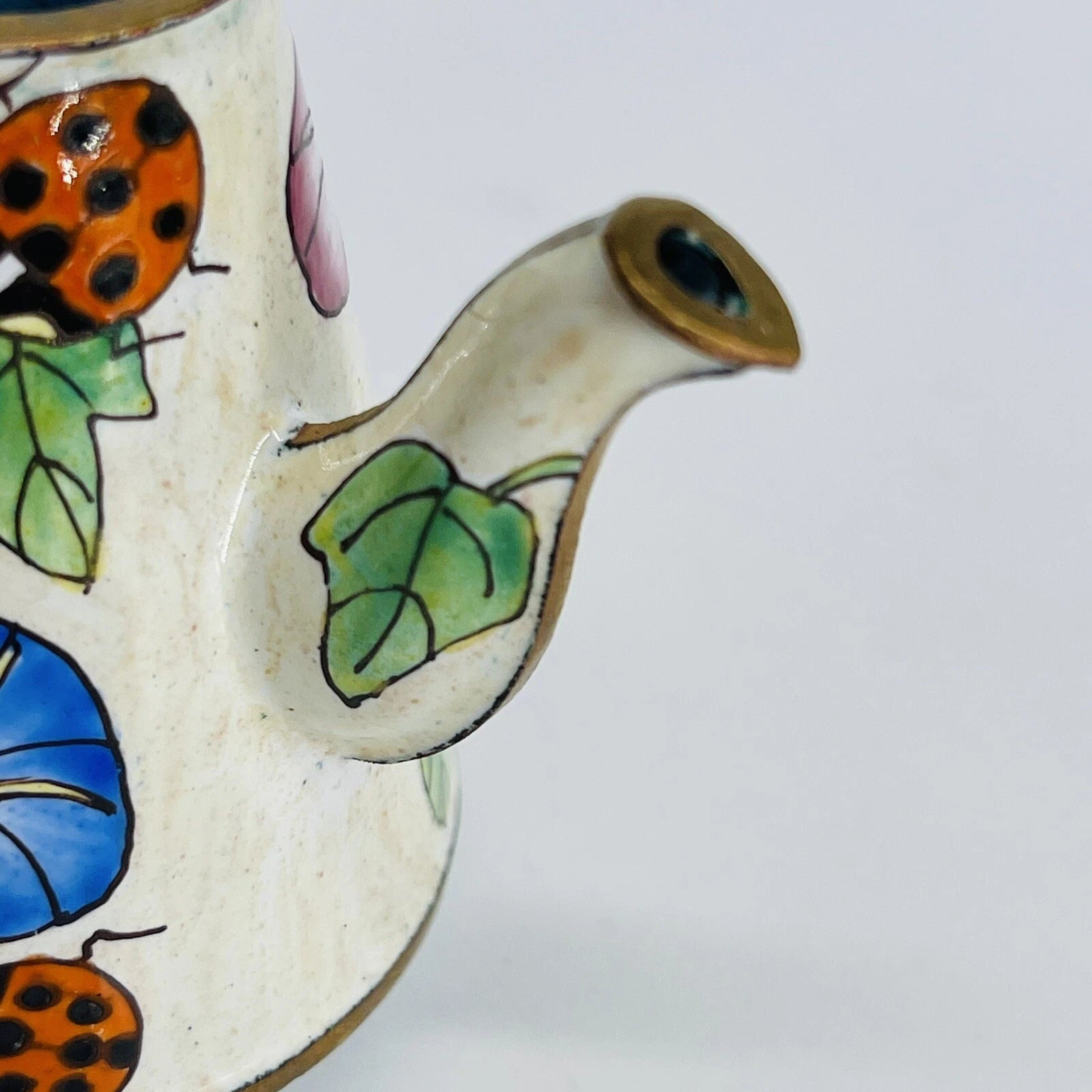 VINTAGE MINI HAND-PAINTED FLORAL LADYBUG METAL ENAMEL/BRASS TEAPOT/WATER CAN
