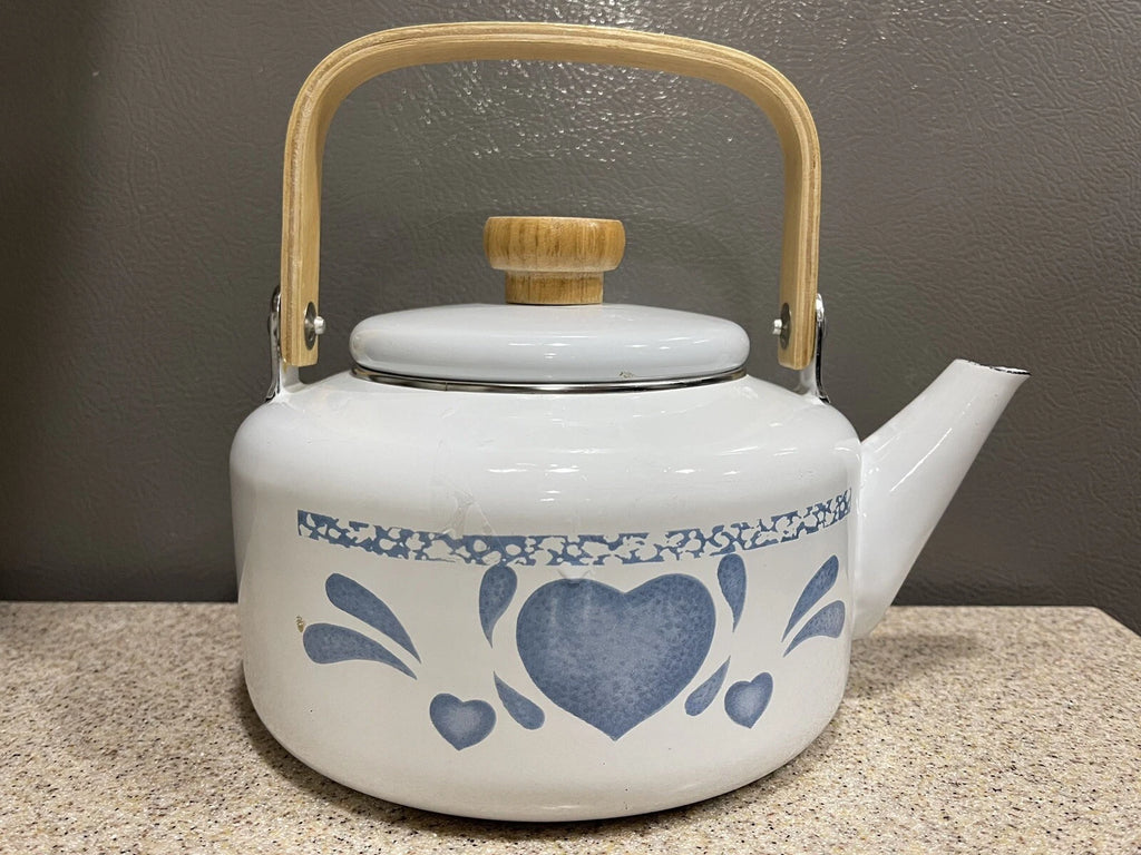 Vintage 80s Blue Hearts Enamel Kettle by Jay Made in Thailand Wood Handle EUC
