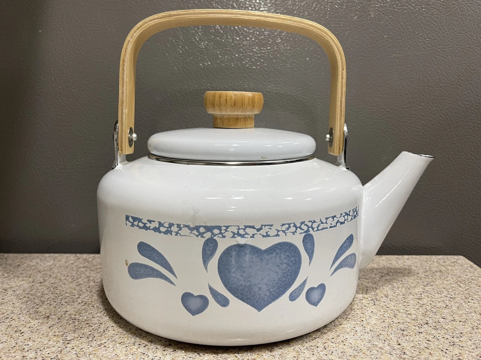 Vintage 80s Blue Hearts Enamel Kettle by Jay Made in Thailand Wood Handle EUC