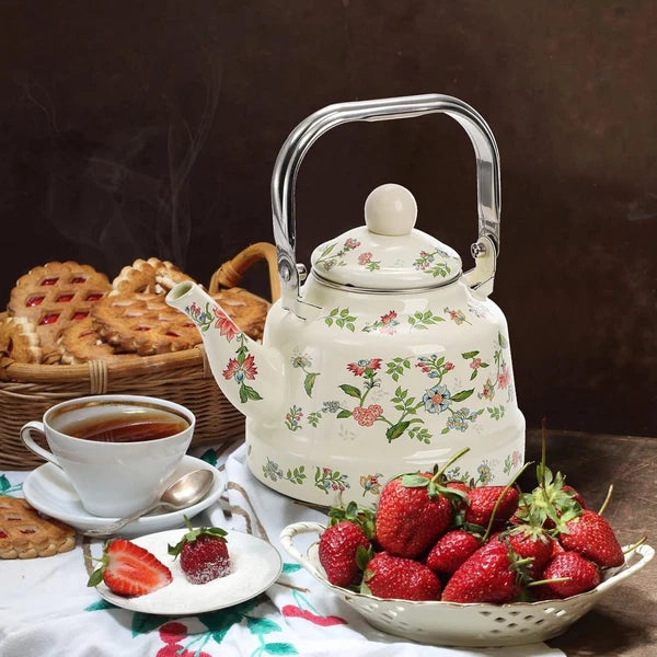 Elegant 1.8L Enamel Teapot - Retro Green Floral Design for Home and Camping