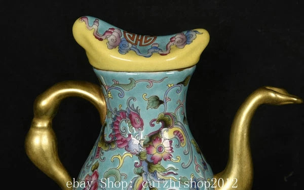 6" Old Dynasty Colour Enamel Porcelain Gilt Flower Phoenix Bird Teapot Tea Pot