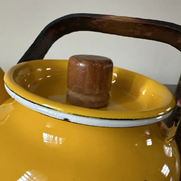 Vintage Yellow Enamel Kettle Tea Pot