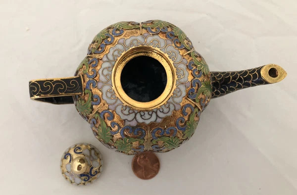 Vintage Cloisonne Enamel and Bronze 2 Teapot Set