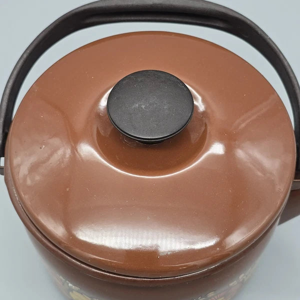 Vintage 70's Mushroom & Fruit Enamelware Brown Tea Kettle With Lid & Handle