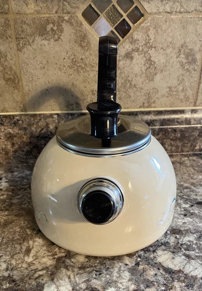 Vtg 80s International Marmalade Enamel Whistling Tea Kettle Country Goose