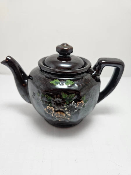 Vintage Brown Betty Redware Teapot Japan Moriage Enamel Hand Painted