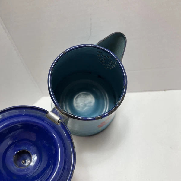 Vintage Enamel Toleware Metal Teapot w Lid Robin Egg Blue with Floral Design 6"