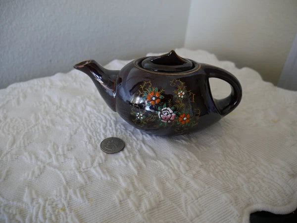 Small Long Redware Teapot Gold Trim Hand Painted Enamel Flowers Vintage Japan