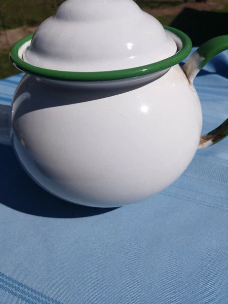 Retro Enamel Teapot With Green Trim