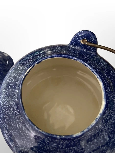 Vintage  Blue Spatterware Teapot Enamel Ceramic Metal Handle 5 1/2”x 6 1/4 Dia.