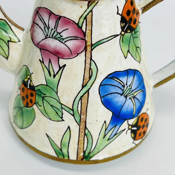 VINTAGE MINI HAND-PAINTED FLORAL LADYBUG METAL ENAMEL/BRASS TEAPOT/WATER CAN