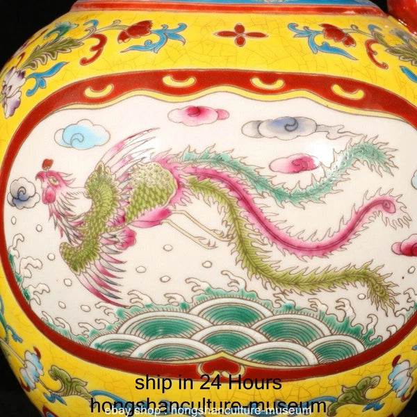11.6" Qianlong Marked Enamel Porcelain Dragon Phoenix Beast Head Wine Tea Pot