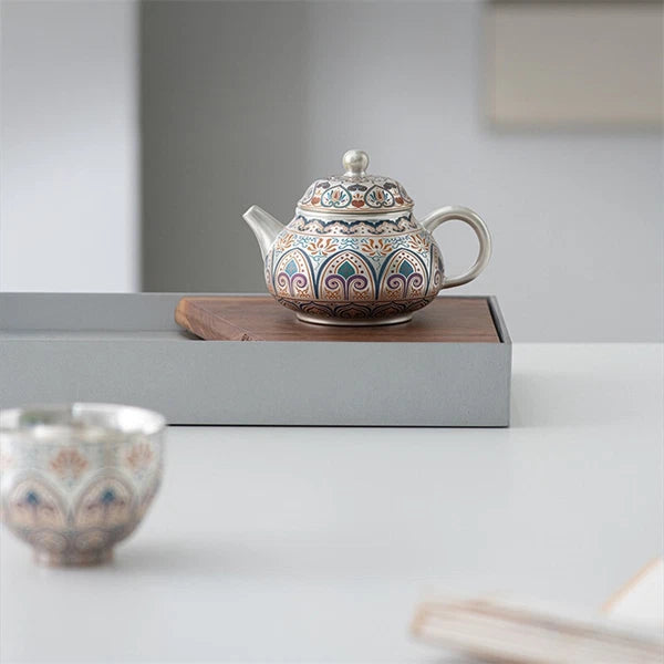 999 Silver Enamel Color Fengming Pot Ceramic Silver Teapot Kung Fu Tea Set Cups