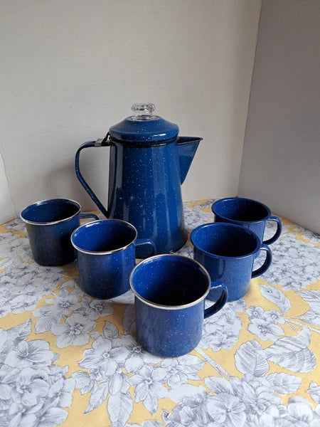 Enamelware Coffee Tea Pot Kettle With Lid and 5 Cups-Blue And White Speckled  S