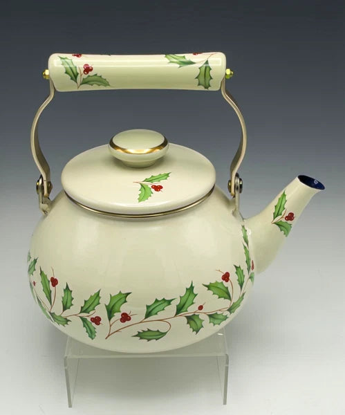 Lenox Holiday Tea Kettle Holly Berry Metal Enamel Gold Trim Teapot with Lid