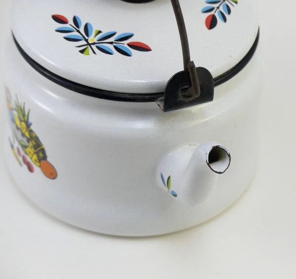 Vintage White Enamelware Metal Teapot / Tea Kettle with Retro Fruit Bowl Design