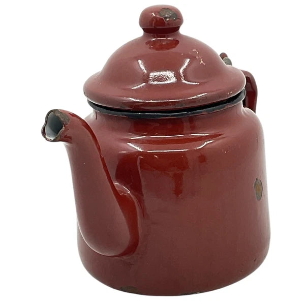 Brown Tea Pot With Hinged Lid Small Enamelware Vintage Farmhouse Decor