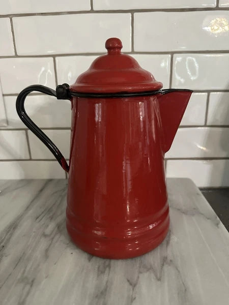 Red Enamel Teapot Metal Enamelware Farmhouse Country Vintage French