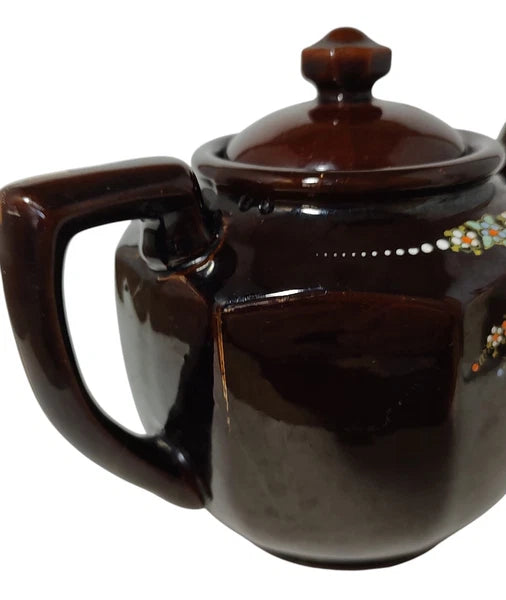 Vintage Brown Betty Redware Teapot Moriage Enamel Hand Painted Made In Japan SEE