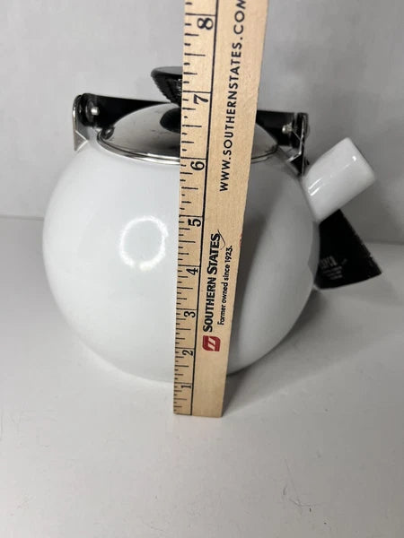 NOS Copco Whistling Teapot Tea Kettle White Enamel With Black Handle Tea Pot