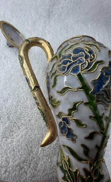 Vtg Cloisonne teapot w/lid blue tone floral design enamel inside 5"