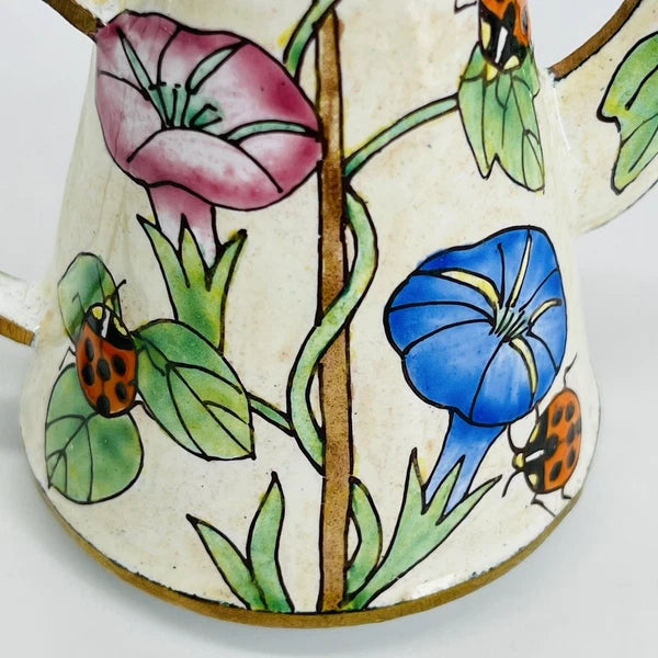 VINTAGE MINI HAND-PAINTED FLORAL LADYBUG METAL ENAMEL/BRASS TEAPOT/WATER CAN