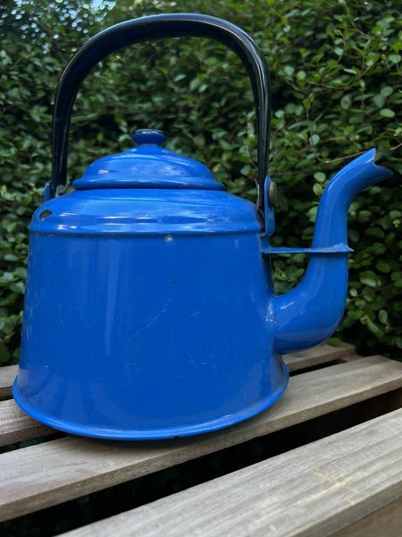 VTG Blue Enamelware Teapot Kettle Farmhouse Rustic Kitchen Decor Primitive
