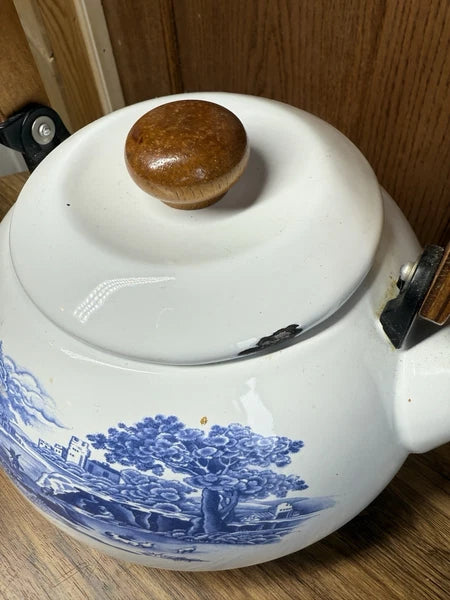 Staffordshire Tea Pot Kettle Enamelware Blue And White Castle Cows Wood Handle