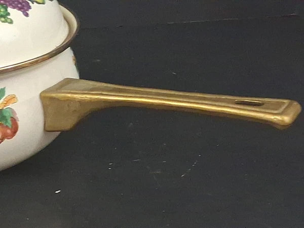 Vtg Lot Enamel Cookware Pots Tabletops Unlimited Cornucopia Teapot Brass Handles