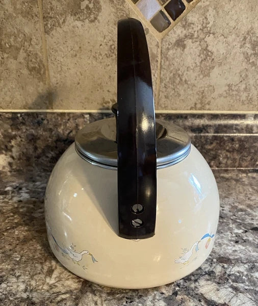 Vtg 80s International Marmalade Enamel Whistling Tea Kettle Country Goose