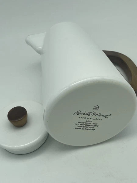 Hearth & Hand Magnolia 6c White Enamelware Teapot Kettle Pitcher Wood Handle EUC
