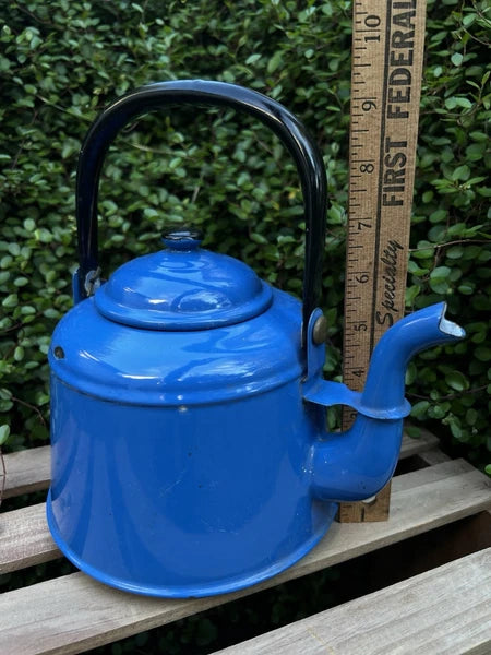 VTG Blue Enamelware Teapot Kettle Farmhouse Rustic Kitchen Decor Primitive