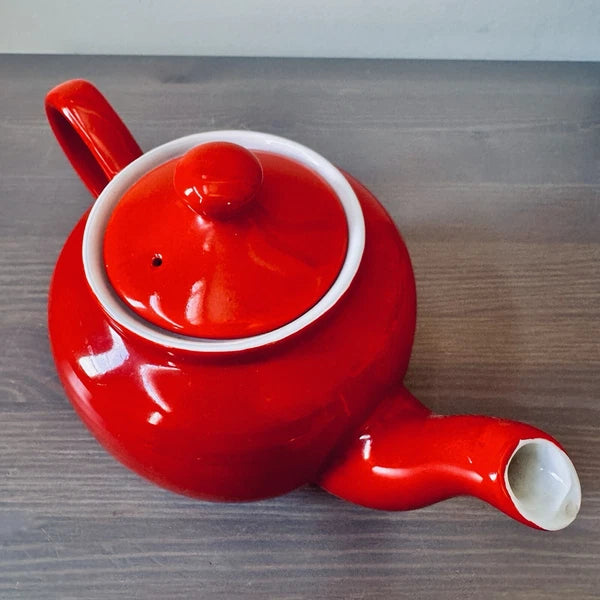 Vintage Mid Century Modern Red Glazed Pottery 3-Cup Tea Pot Enameled Interior 9”