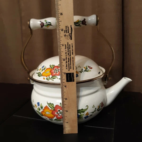 Vintage Enameled Floral Motif Tea Kettle Brass Knob Ceramic Handle Teapot