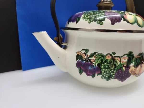 Tabletops Unlimited Vitroceramic Tea Pot With Lid Enamel Fruit Pattern