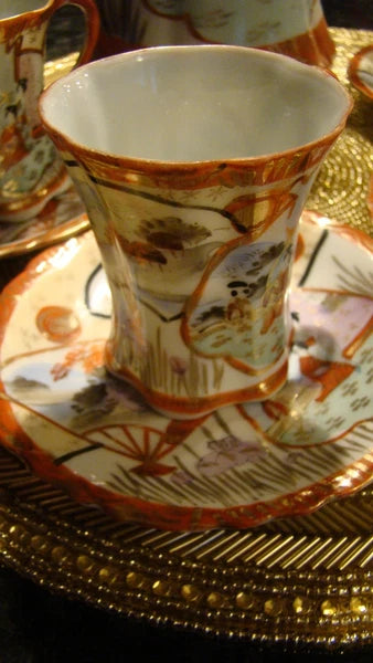 Nippon Japanese Porcelain Chocolate Pot Coffee Teapot Geisha Enamel Red Set of 4