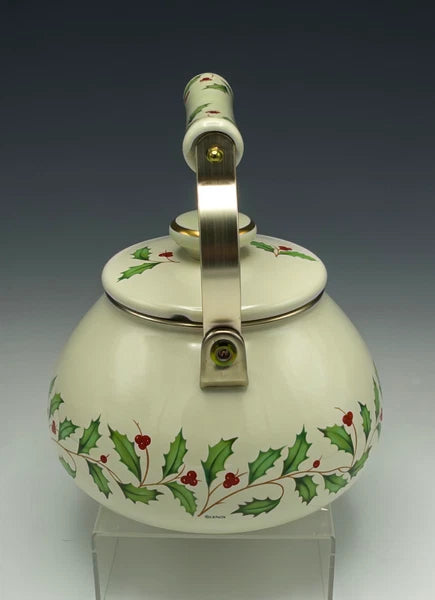 Lenox Holiday Tea Kettle Holly Berry Metal Enamel Gold Trim Teapot with Lid