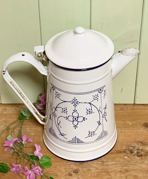 UK ANTIQUE Enamel Saxony Teapot Blue White Design Vintage Kitchenware