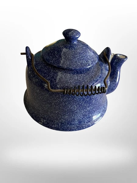 Vintage  Blue Spatterware Teapot Enamel Ceramic Metal Handle 5 1/2”x 6 1/4 Dia.