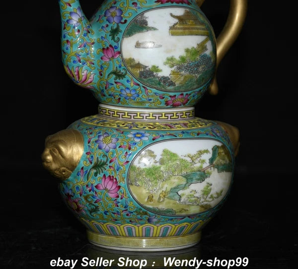 8.6" Qianlong Enamel Color Porcelain Gilt landscape Gourd Wine Pot Teapot