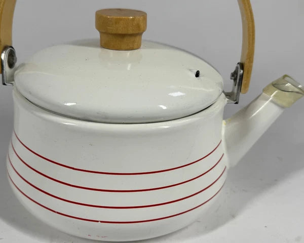 Vintage Enamelware Enamel Metal Wood Handle Retro Coffee Tea Kettle Pot