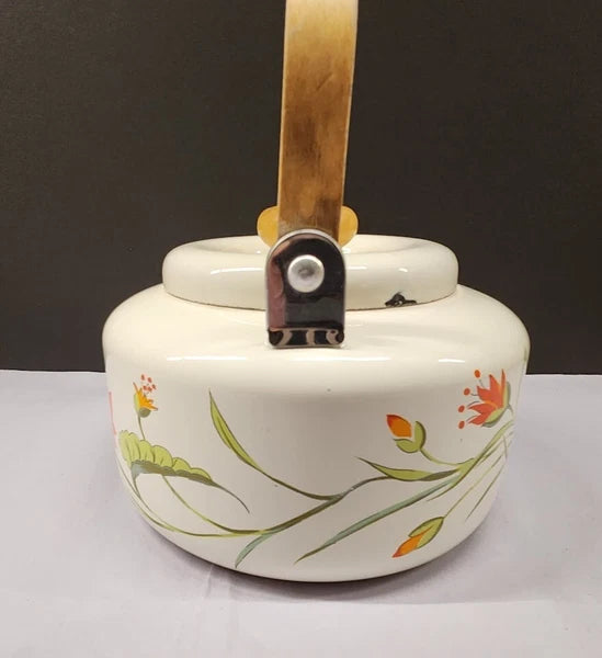 Vintage Saltera Himark Enamel RARE Teapot MCM  Red Orange Floral Wooden Handle