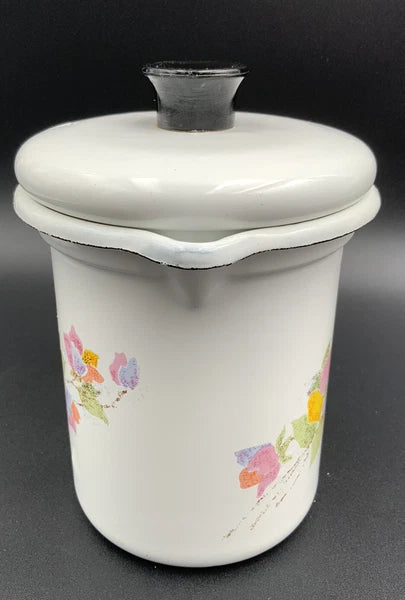 Mid Century Modern Enamelware Floral 3 PC  Tea / Coffee Pot
