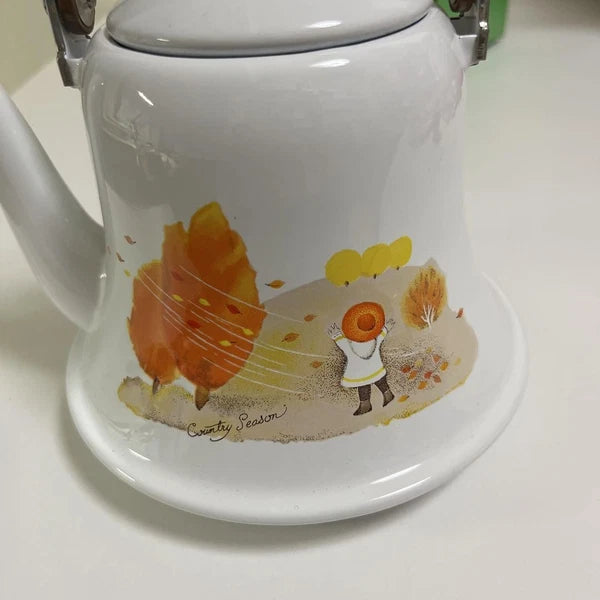 Kettle Showa Retro Bell White Enamel Coffee Tea Pot Cottage Style Used