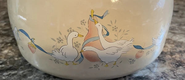 Vtg 80s International Marmalade Enamel Whistling Tea Kettle Country Goose