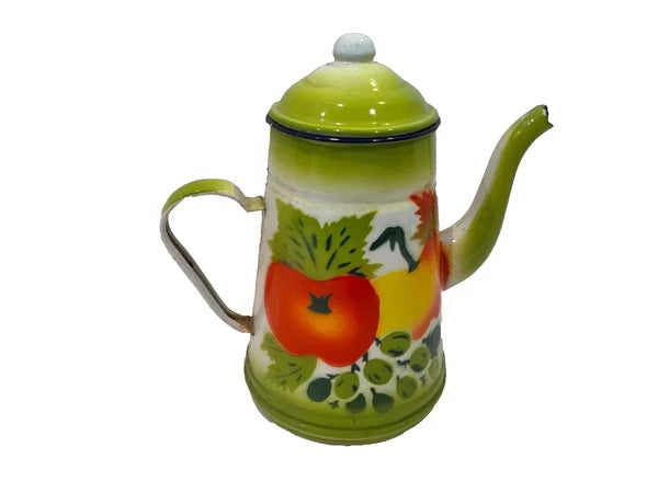 Vintage 1960s  Enamelware Coffee Teapot Painted Fruit Gooseberry & Peaches 8”