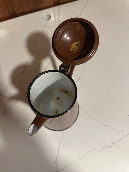 VINTAGE Old metal Enameled brown teapot from the 70s